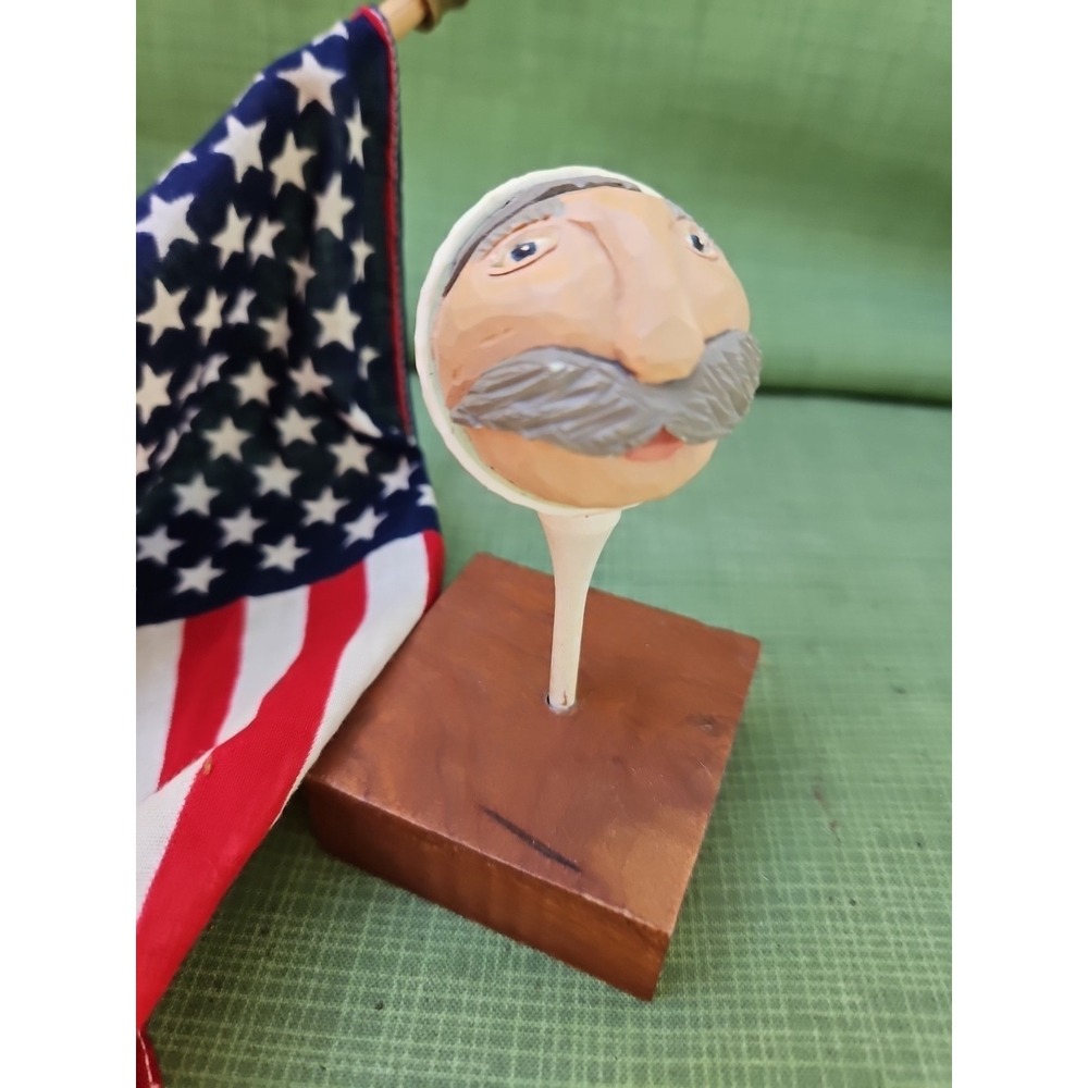 Hand Carved Wood Folk Art Golf‎ Ball Moustache Face Signed 1.5" Vintage